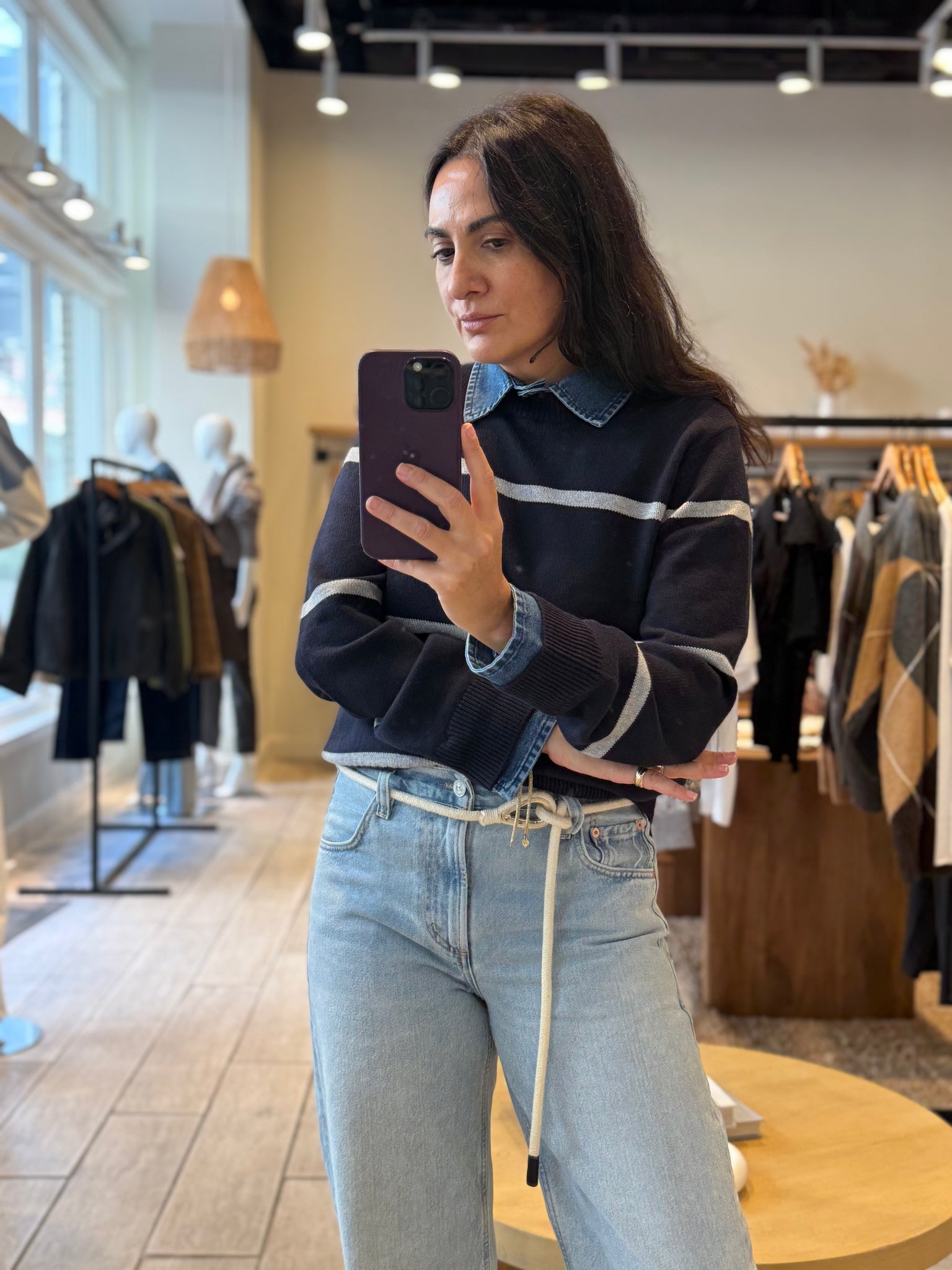 Denim Trim Cotton Crew Sweater 3