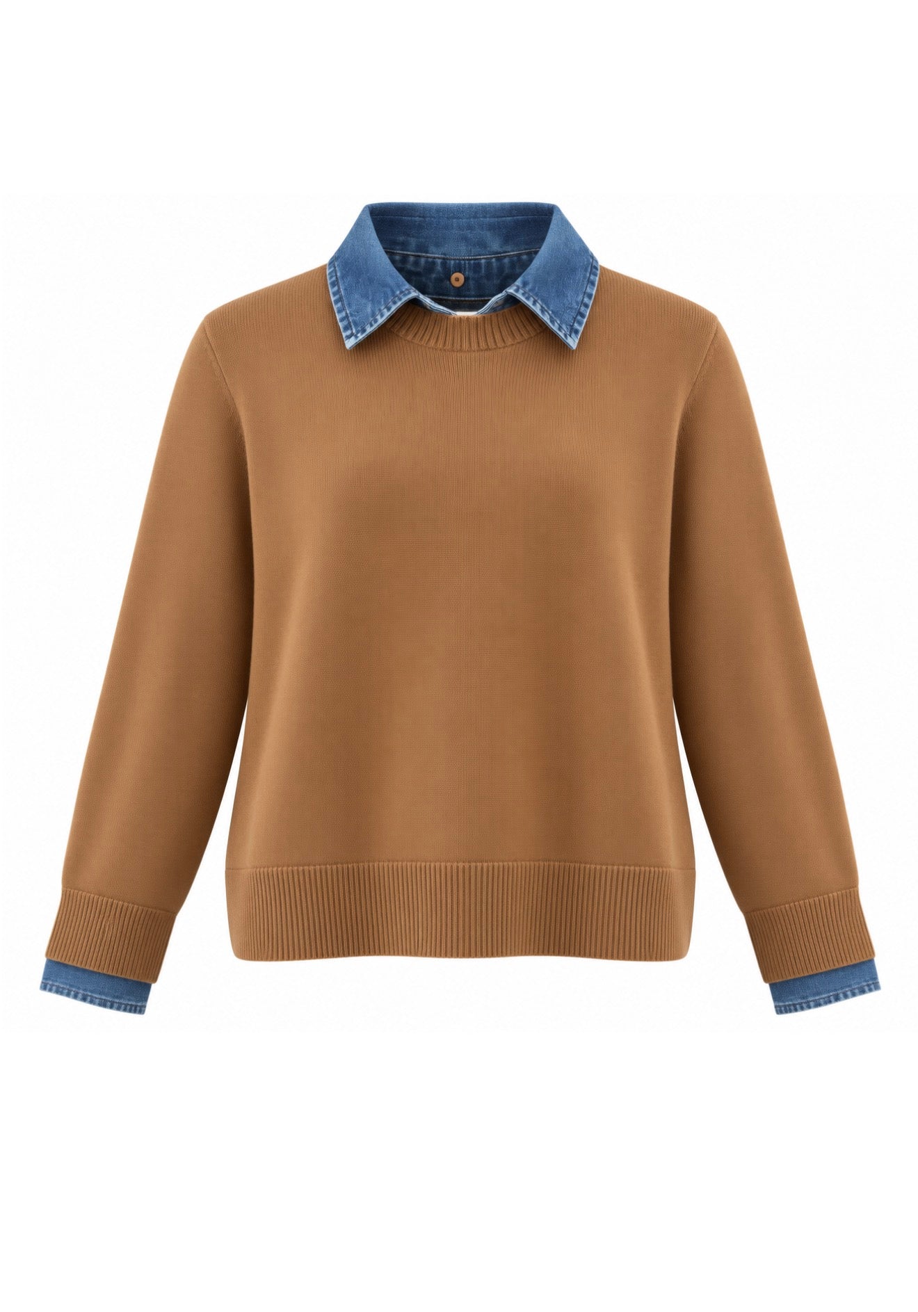 Denim Trim Cotton Crew Sweater 1