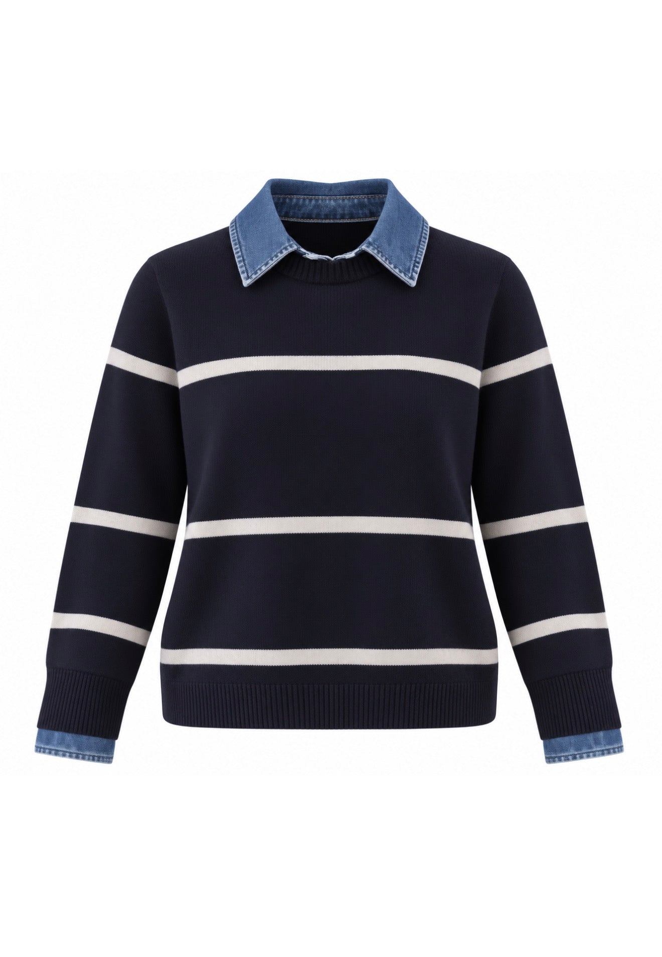 Denim Trim Cotton Crew Sweater 1
