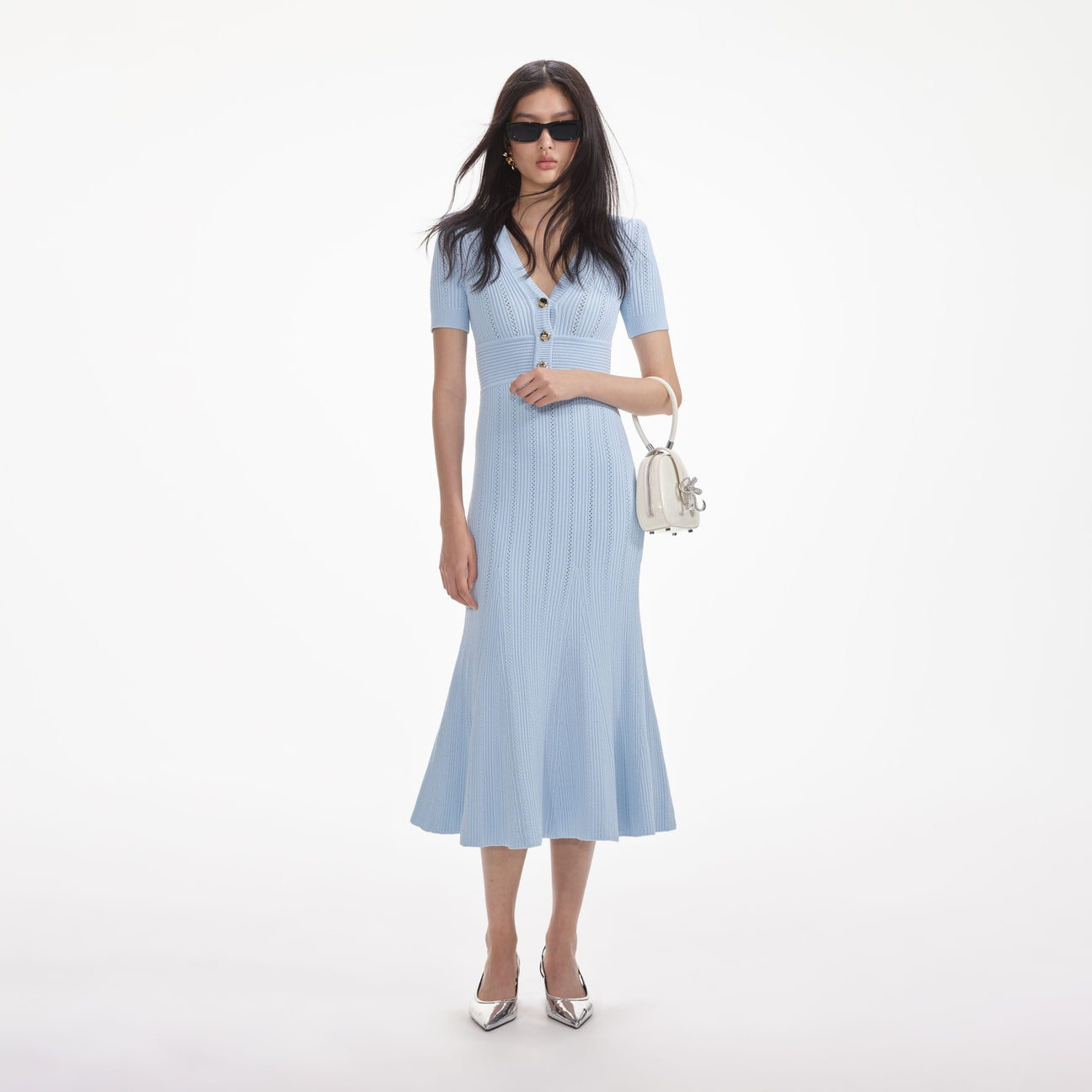 Wylie Grey | Blue Pointelle Knit Midi Dress