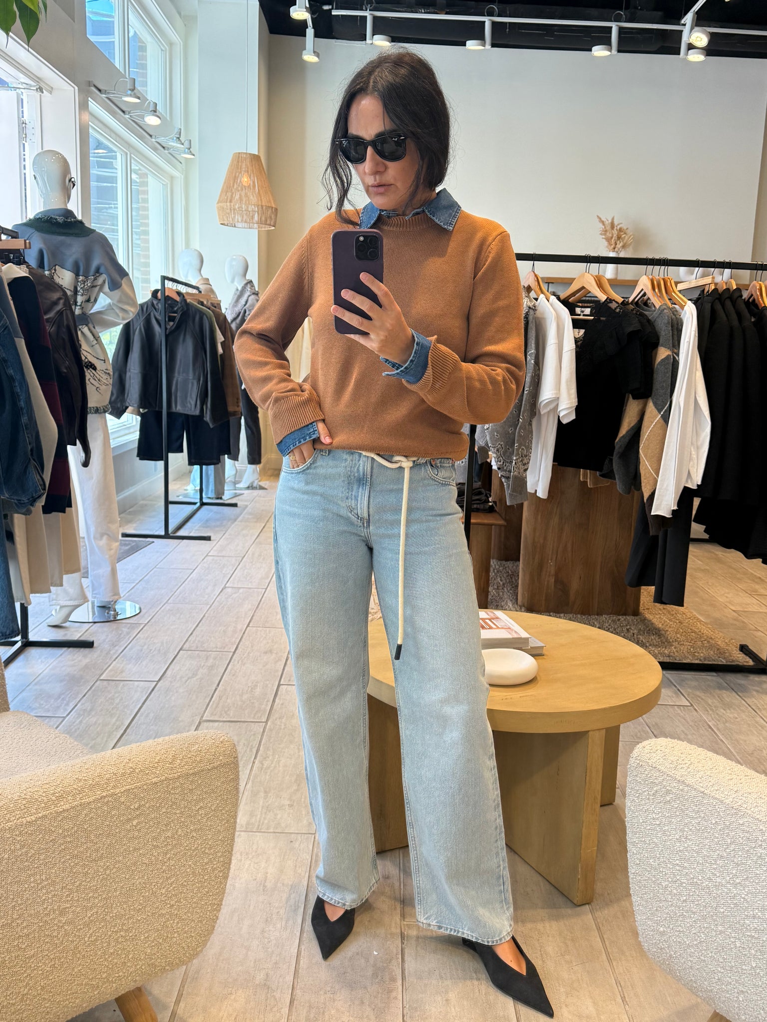 Denim Trim Cotton Crew Sweater 3