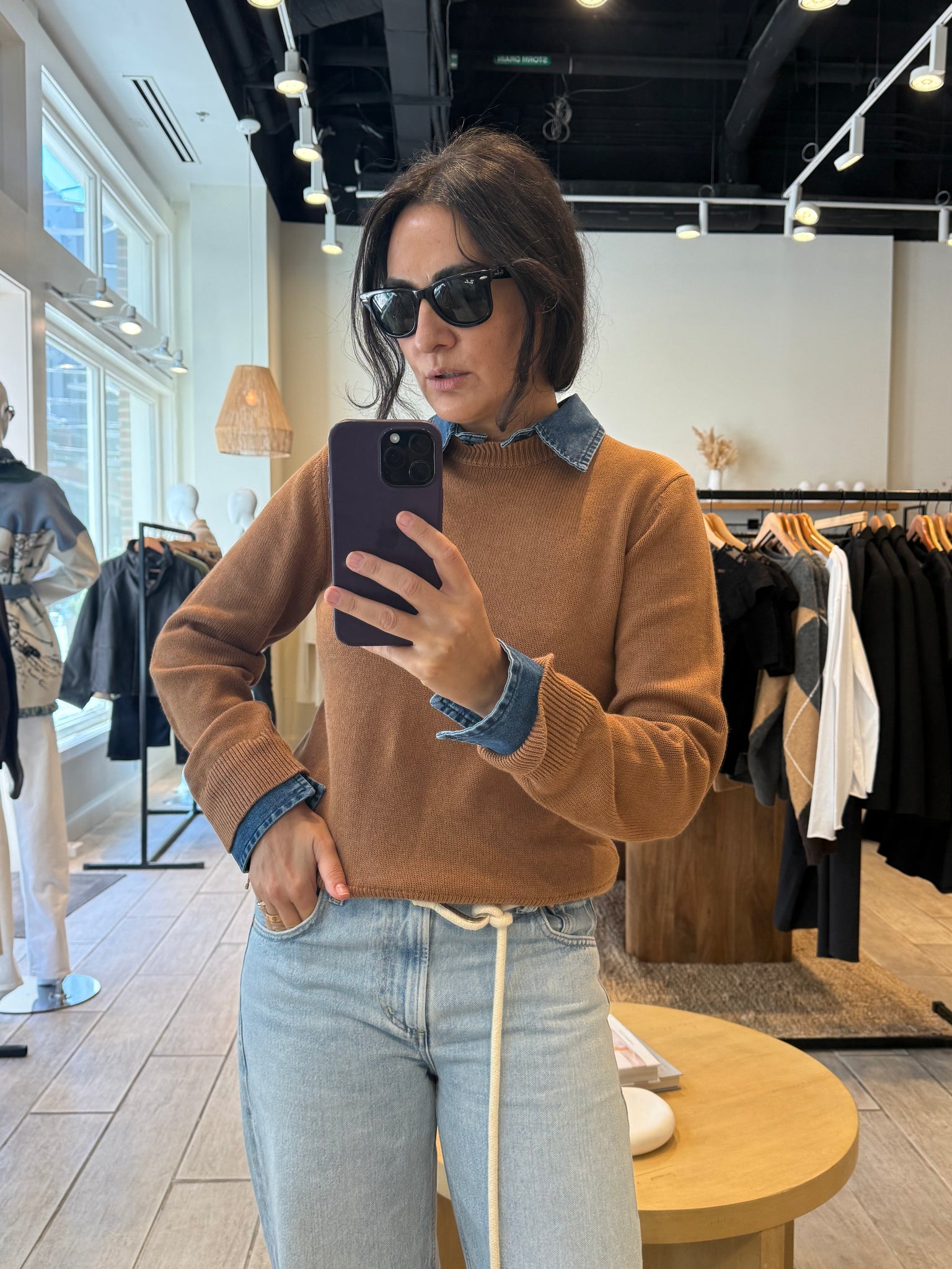 Denim Trim Cotton Crew Sweater 4