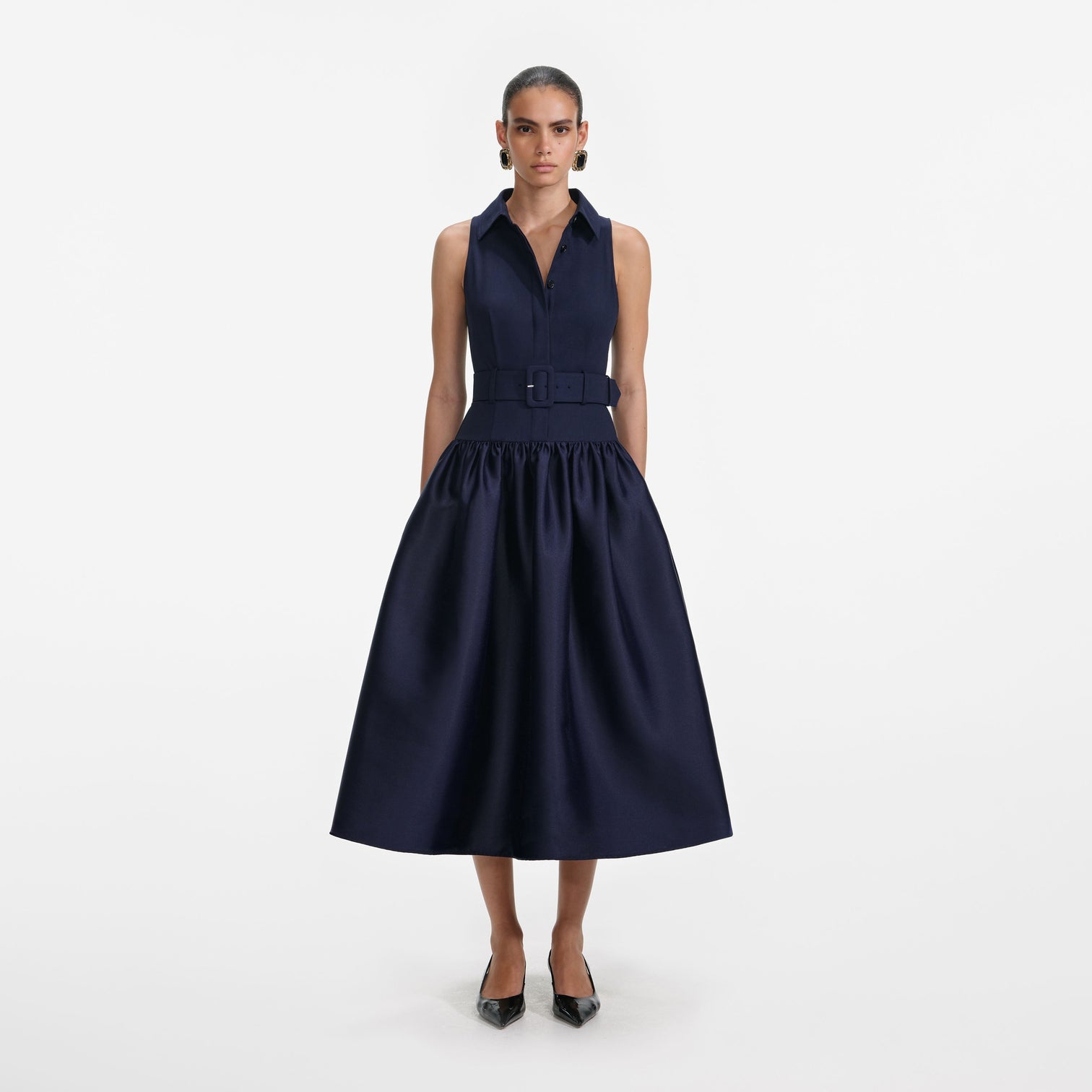 Navy Belted Twill Midi Dress 1