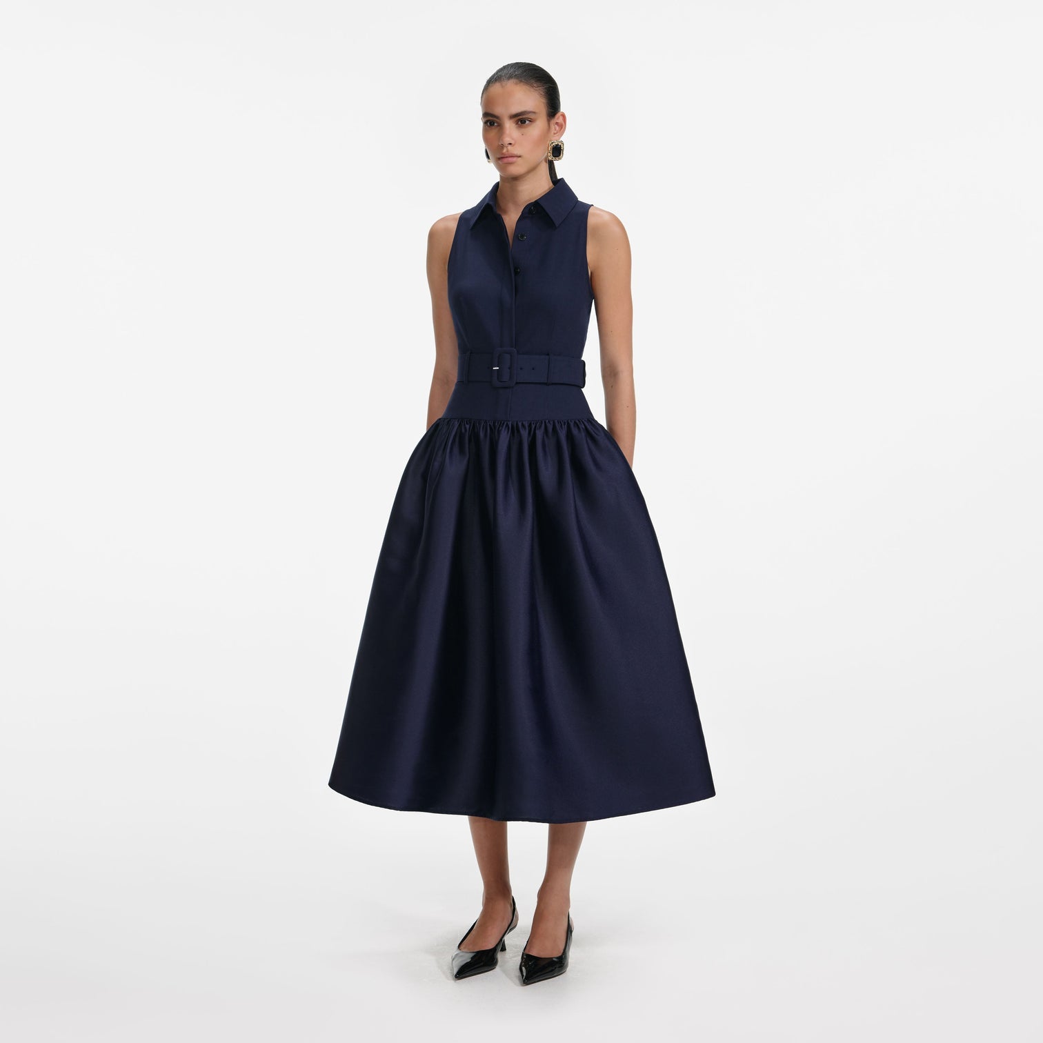 Navy Belted Twill Midi Dress 5