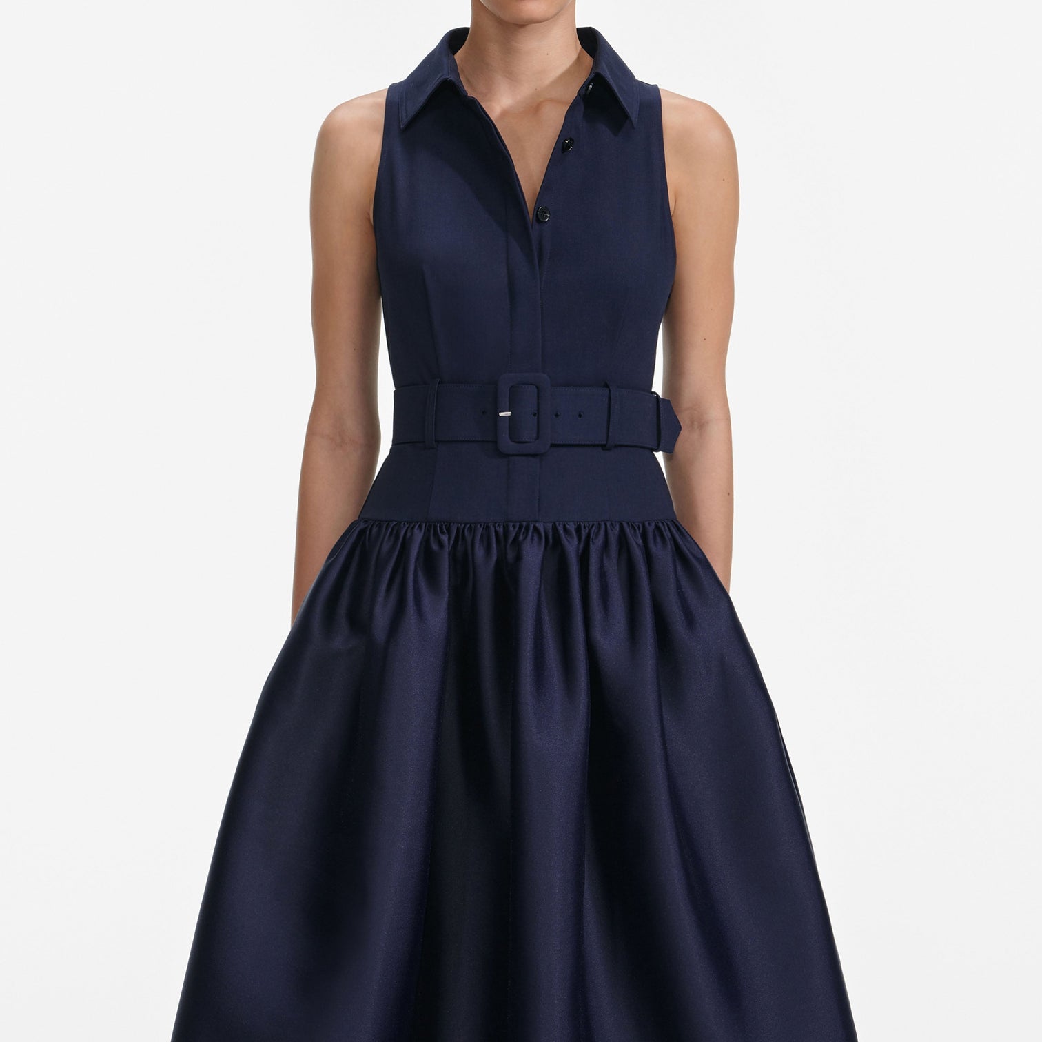 Navy Belted Twill Midi Dress 2
